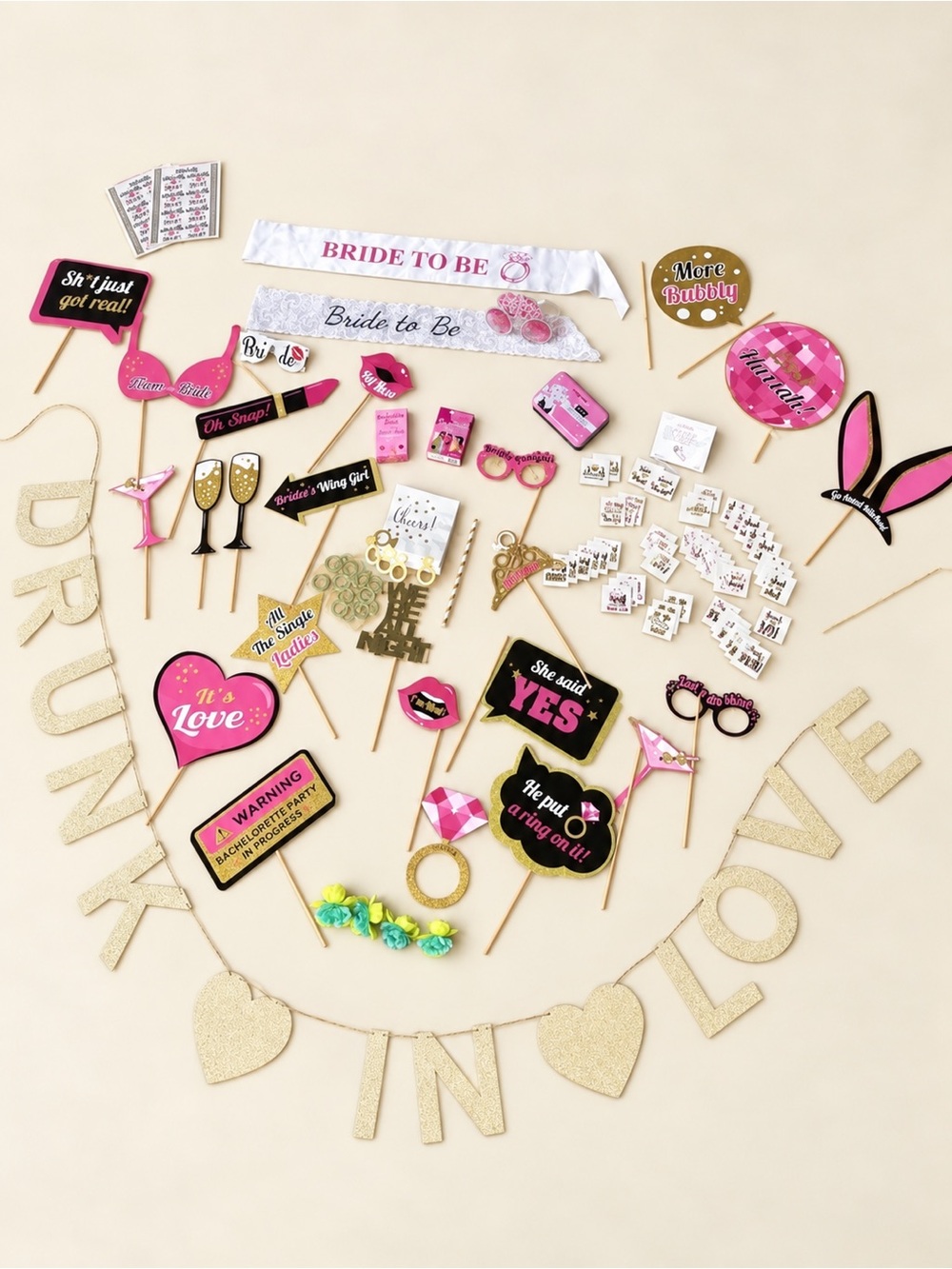 Bachelorette Party Decorations Bundle Games Sashes Photo Props Tattoos Bride